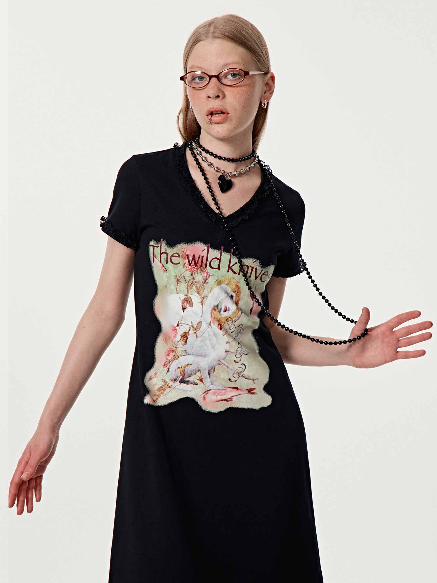 케이크 계층 프린트 빈티지 긴 티셔츠 하나 피스