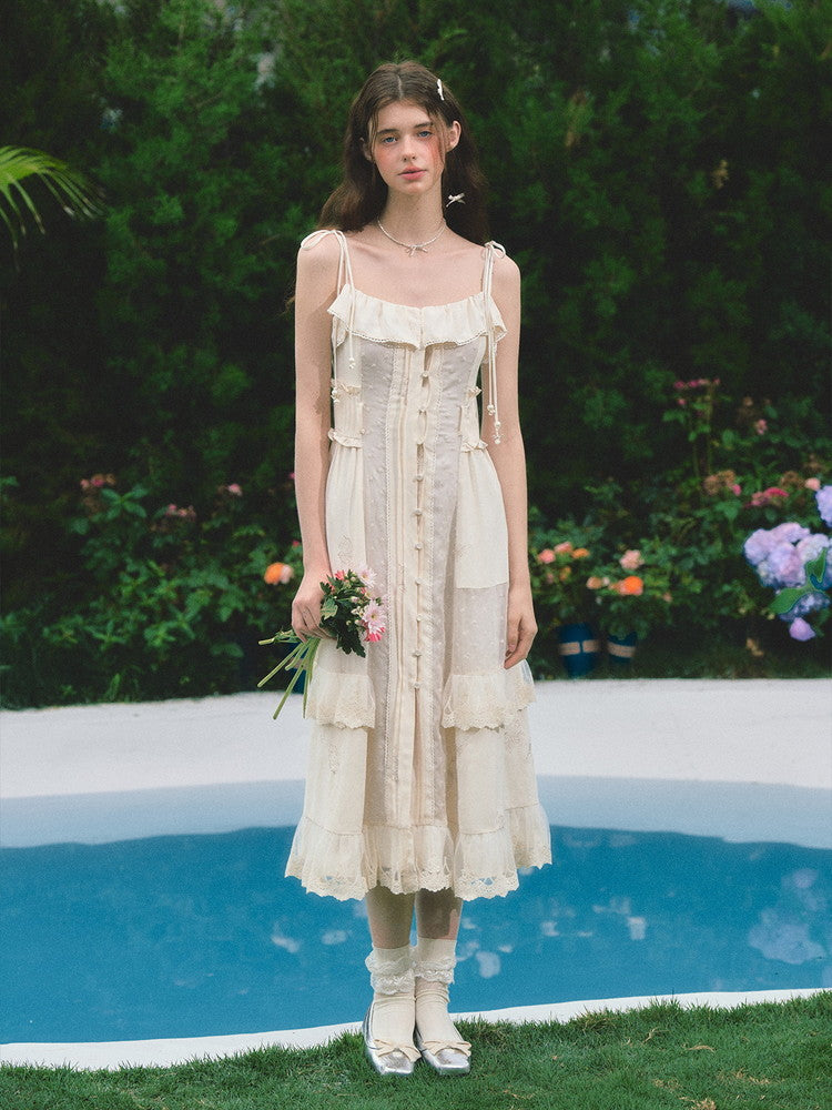 Lace Frill Camisole Ribbon Cute Long Dress