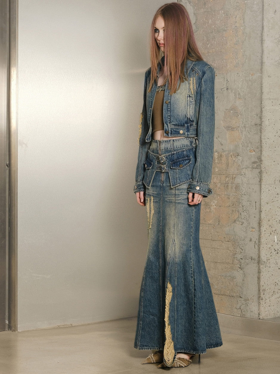 데님 세척 빈티지 인어 재킷 및 장거리 스커트
