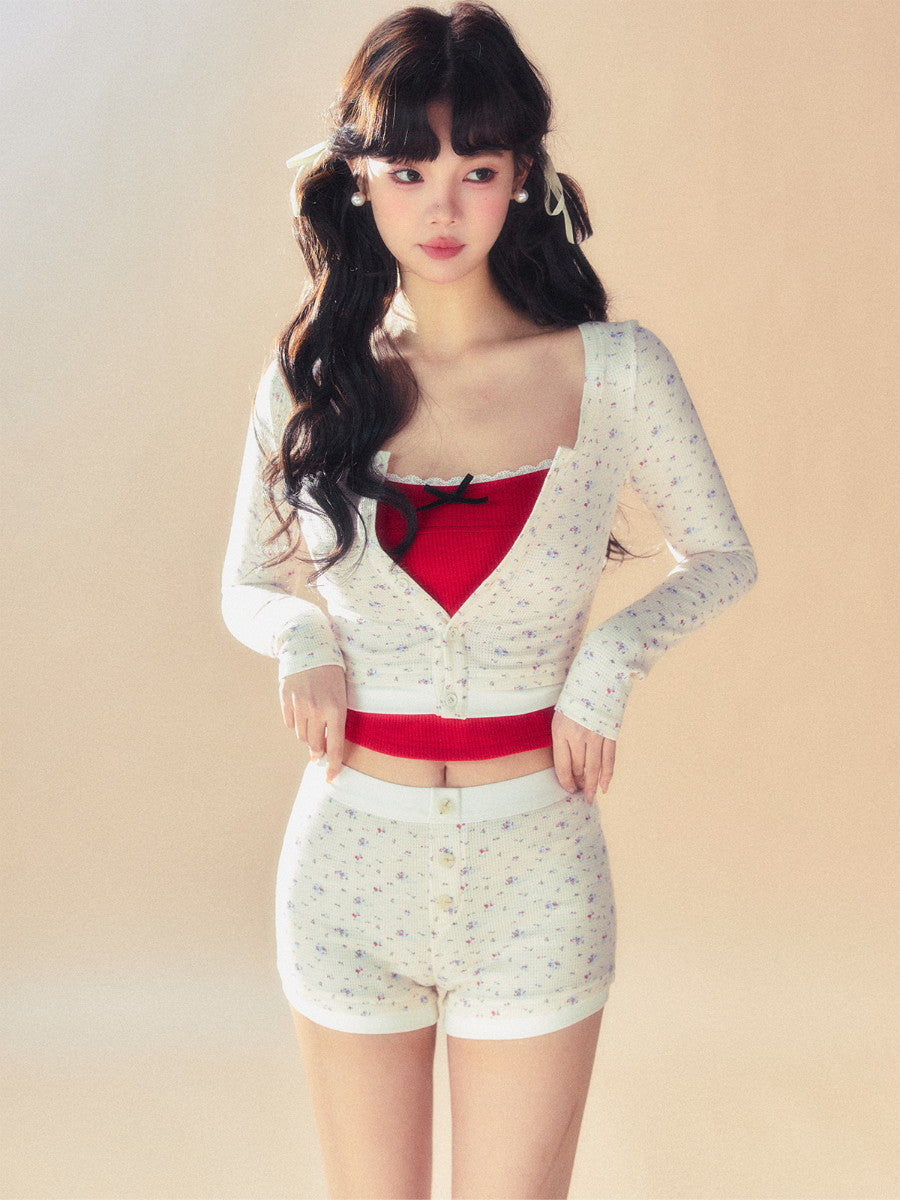 Ribbon Flower Set-Up Stretch Tops&Camisole&Short-Pants