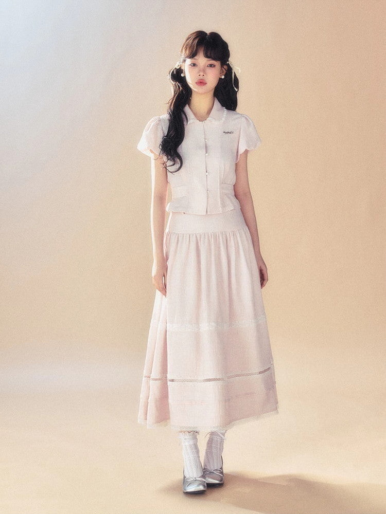 Constricted Puff-Sleeve Lace Flare Blouse&Long-Skirt