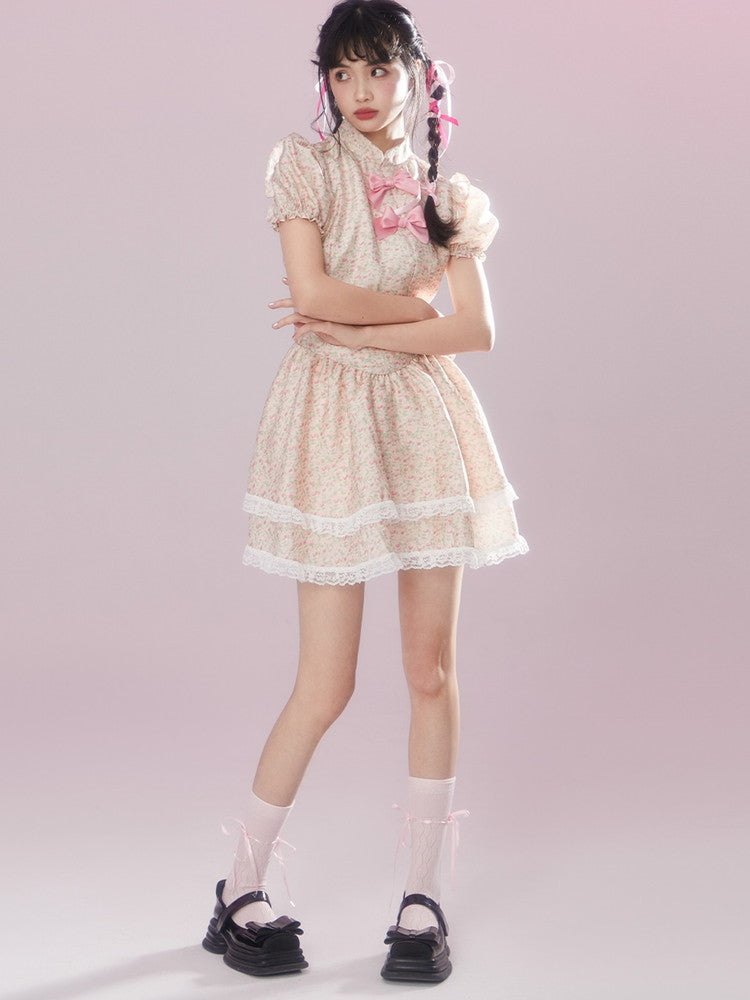 Lace Flower Feminine Tiered Fluffily Puff-Sleeve Retro Dress