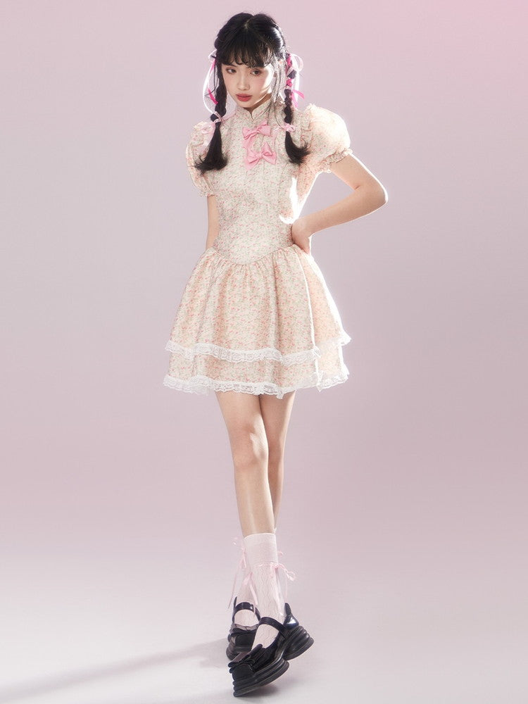 Lace Flower Feminine Tiered Fluffily Puff-Sleeve Retro Dress