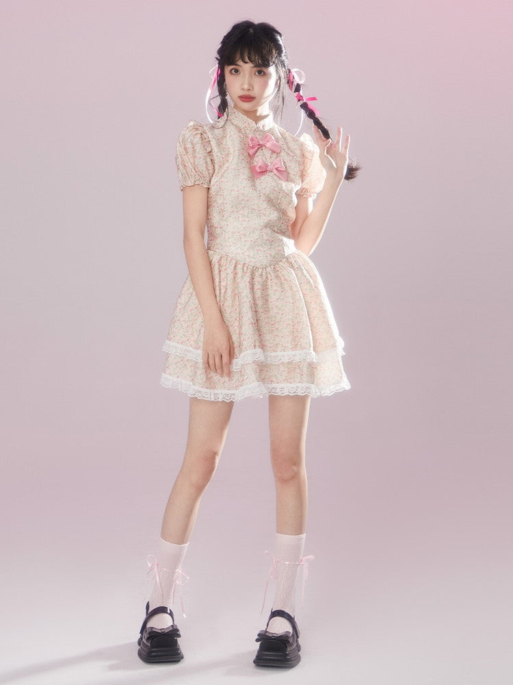 Lace Flower Feminine Tiered Fluffily Puff-Sleeve Retro Dress