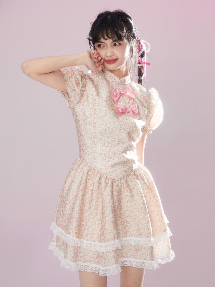 Lace Flower Feminine Tiered Fluffily Puff-Sleeve Retro Dress