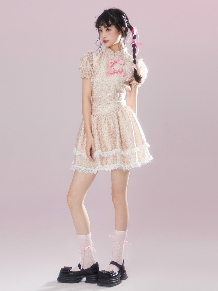 Lace Flower Feminine Tiered Fluffily Puff-Sleeve Retro Dress