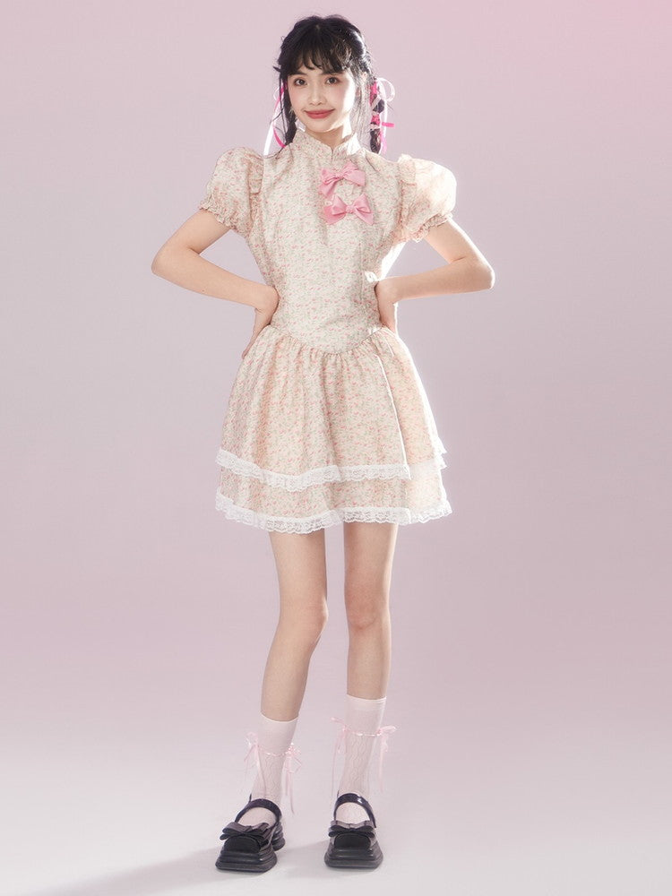 Lace Flower Feminine Tiered Fluffily Puff-Sleeve Retro Dress