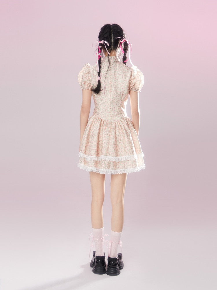Lace Flower Feminine Tiered Fluffily Puff-Sleeve Retro Dress