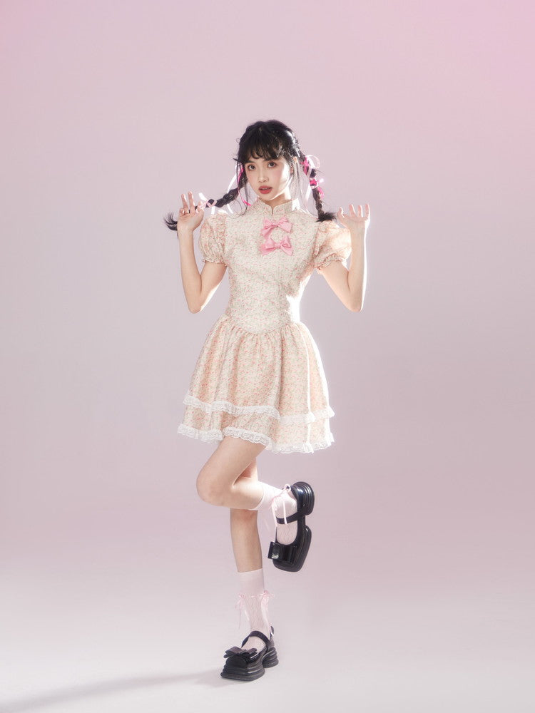 Lace Flower Feminine Tiered Fluffily Puff-Sleeve Retro Dress
