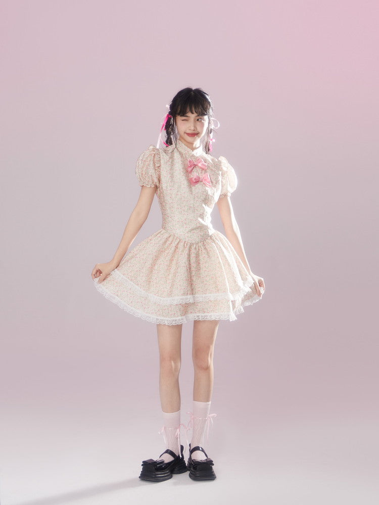Lace Flower Feminine Tiered Fluffily Puff-Sleeve Retro Dress