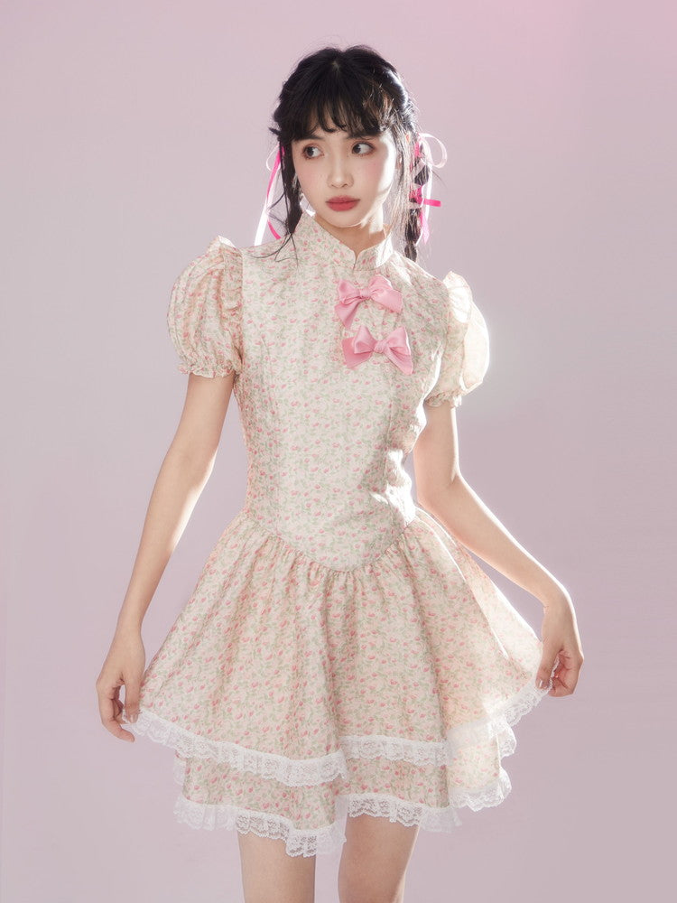 Lace Flower Feminine Tiered Fluffily Puff-Sleeve Retro Dress
