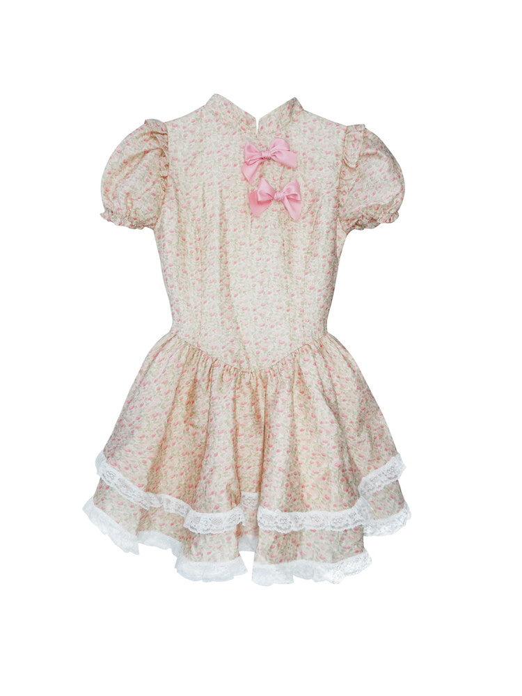 Lace Flower Feminine Tiered Fluffily Puff-Sleeve Retro Dress