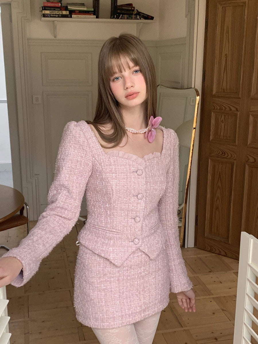 Tweed Feminine Setup-Anzug Slim Jacket & Minirocke
