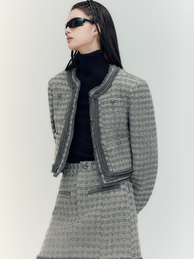 Set-Up Suit Sequins Elegant No-Collar-Jacket&Mini-Skirt