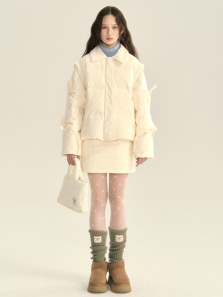 Cotton Quilting Ribbon Set-Up Cute Down-Jacket&Mini-Skirt
