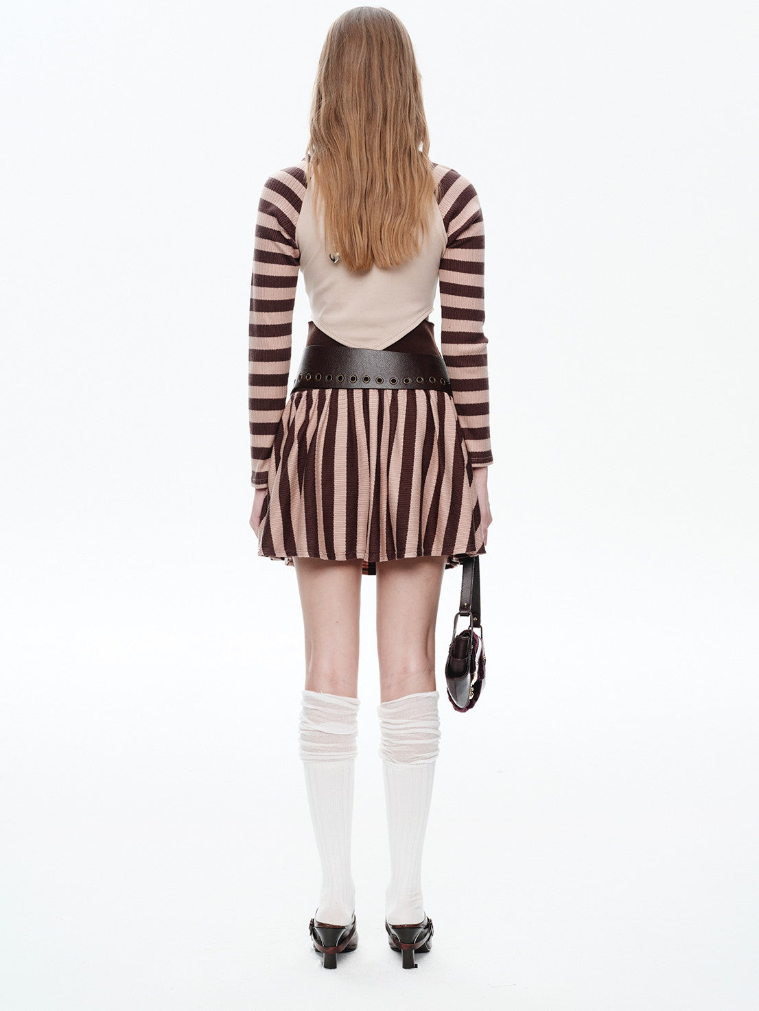 Knit Border Casual Set-Up Long-T-Shirt&Mini-Skirt