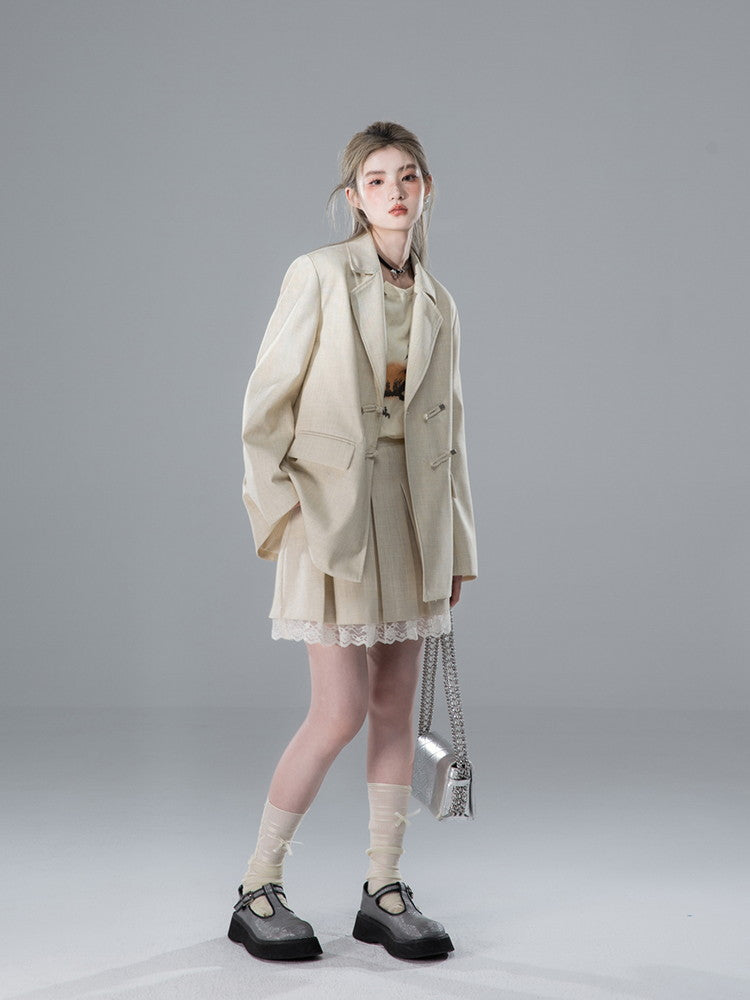 Jacket&Mini-Skirt Lace Box-Pleats Ovreszie Suit Set-Up