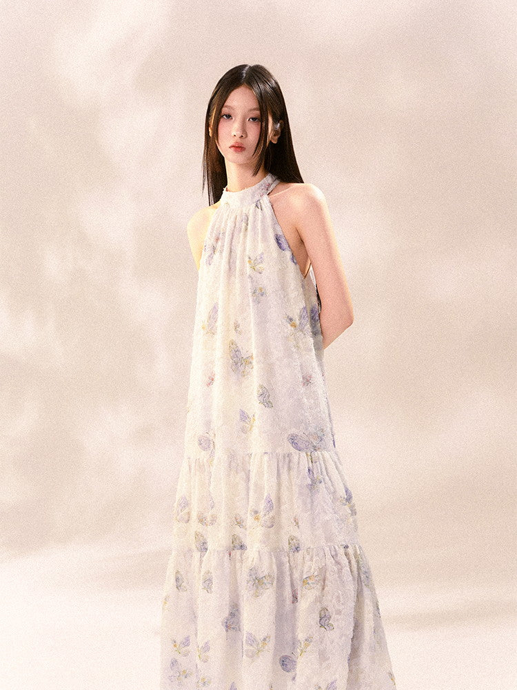 American-Sleeve Pale-Tone Flower Tiered No-Sleeve Long Dress
