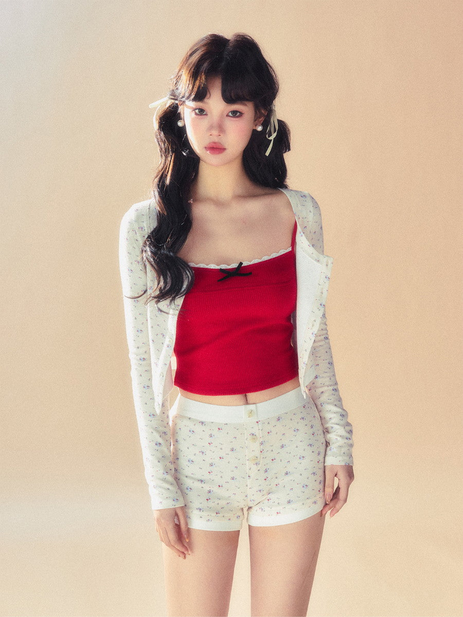 Ribbon Flower Set-Up Stretch Tops&Camisole&Short-Pants