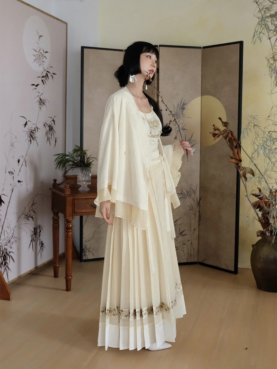 Embroidery Flowr Retro Sheer Box-Pleats Long-Skirt