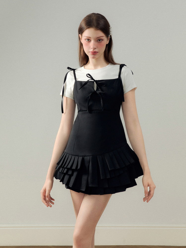 Tiered Pleats Frill Camisole Shoulder-Ribbon Plain Short Dress – ARCANA ARCHIVE Tiered Pleats Frill Camisole Shoulder-Ribbon Plain Short Dress – ARCANA ARCHIVE