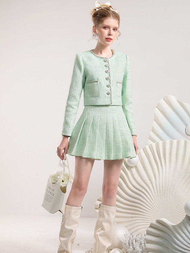 Jacket&Mini-Skirt Tweed Suit Pleats Classy Retro Set-Up