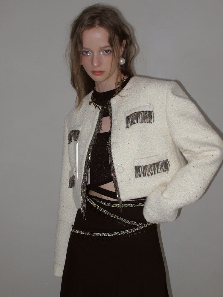 Tassel Wool No-Collar Chic 고급 재킷 미니 스커트