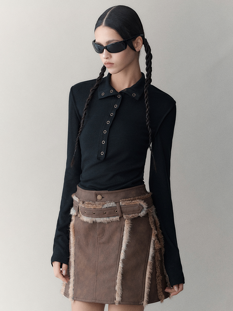 Leather&Fur Short Nichi Trapezoid Mini-Skirt