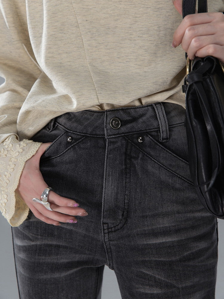 Denim Fower Wrap Cut-Off Slim Flare-Pants&Lace-Skirt