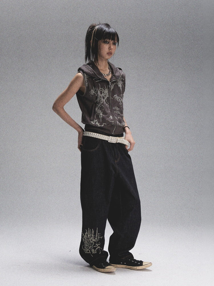 Print Denim Loose Casual Wide-Leg Pants