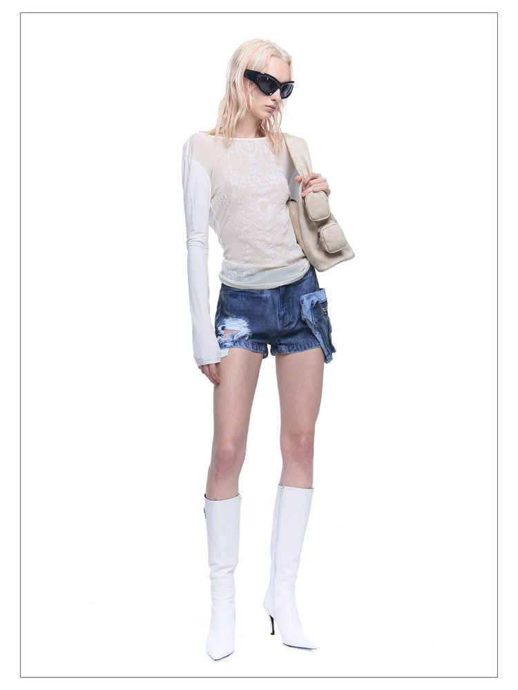 See-Through Mesh Drape Slim Cutsew