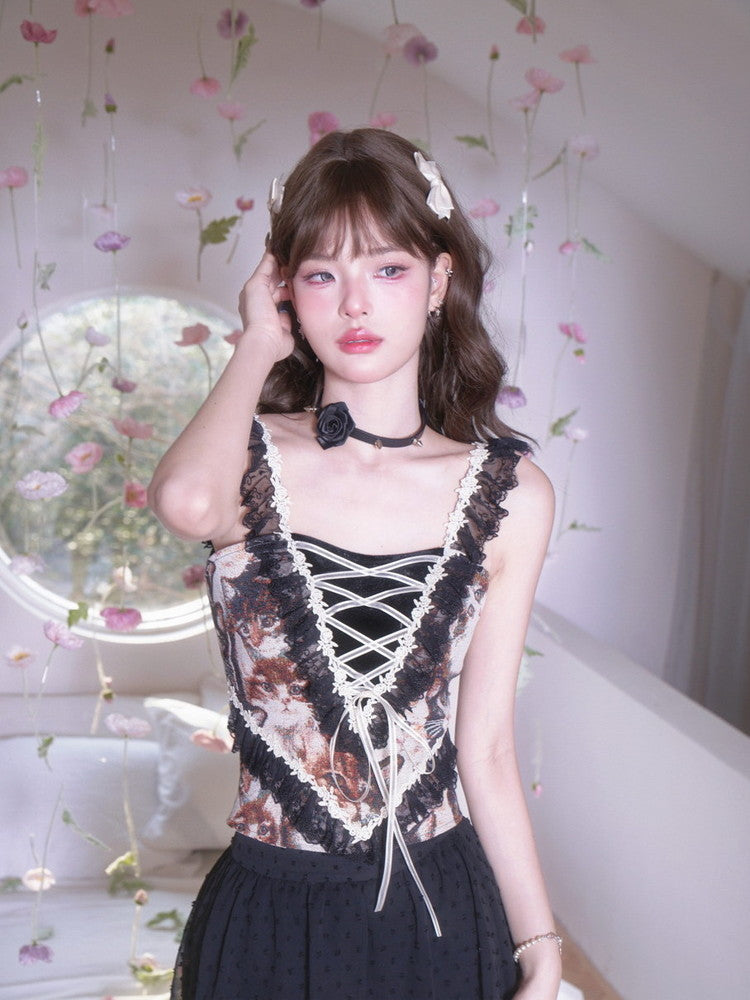 Lace Lace-Up Elegant Flower Gothic Frill No-Sleeve Tops