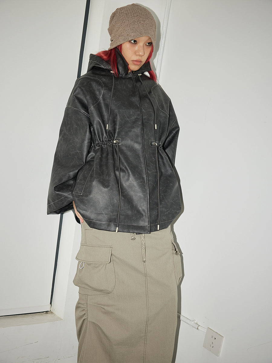 Leder Draw String Hoodie Casual Oversize Jacke