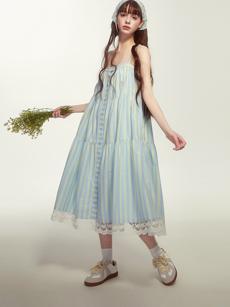 Camisole Lace Stripe Flare Button Layered Casual Dress
