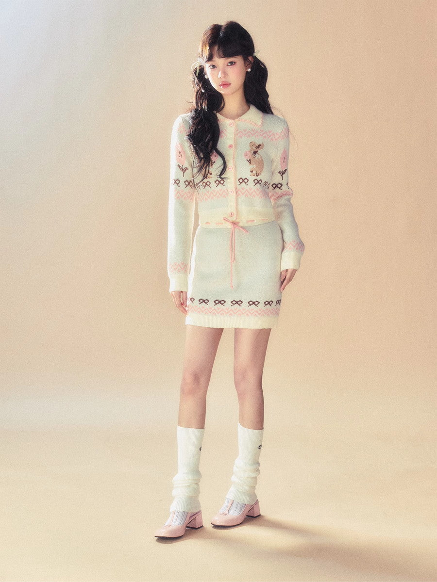 Knit Bear Retro Cute Drawstring Set-Up Tops&Mini-Skirt