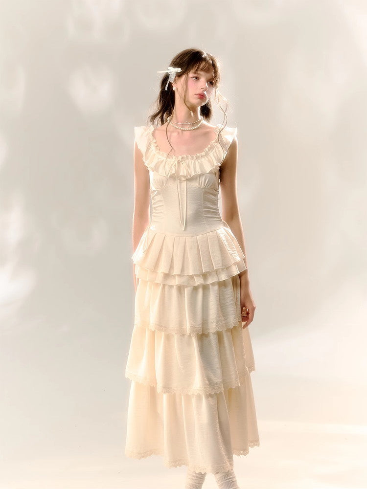 2Way Long Tiered Frill Pleats Slim Off-Shoulder Dress