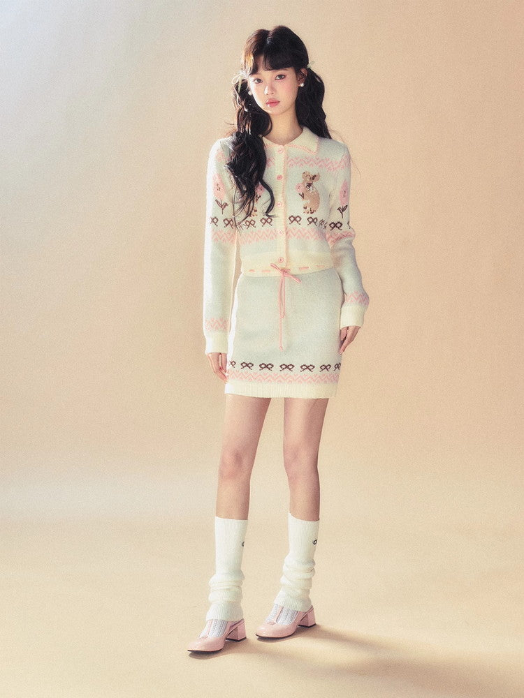 Set-Up Knit Retro Rabbit Ribbon Cardigan&Mini-Skirt