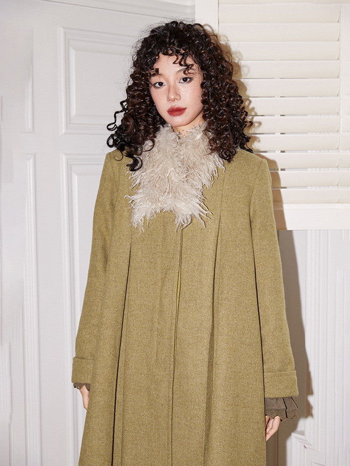 Fur-Collar Plain Flare Simple Elegant Long-Coat