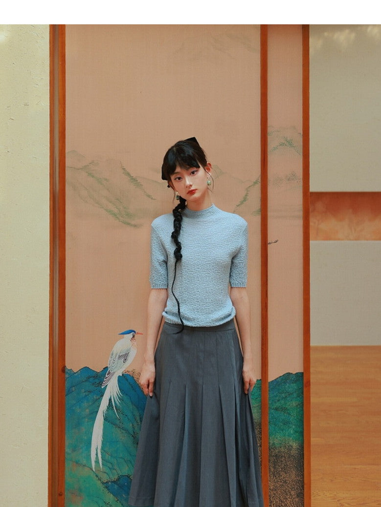 Box-Pleats Simple Plain Flare Skirt