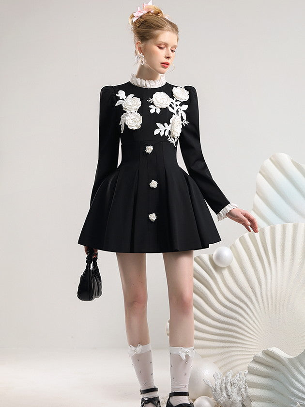 Stand-Collar Pleats Flower Rose 3D Classy One-Piece