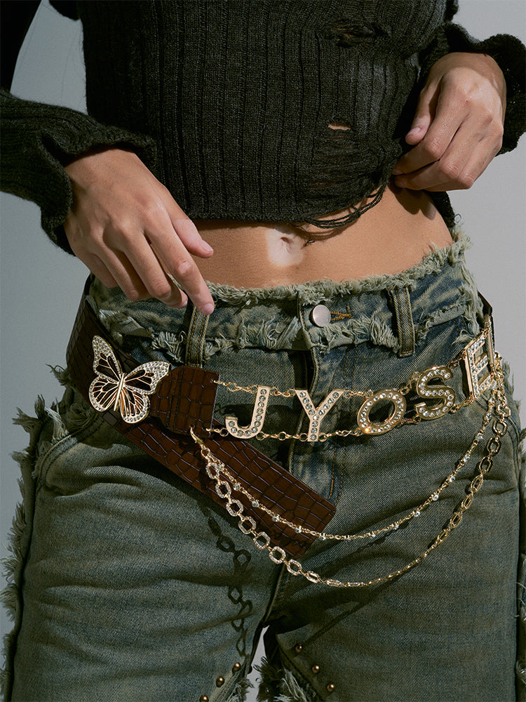 비쥬 체인 버터플라이 가죽 알파벳 벨트