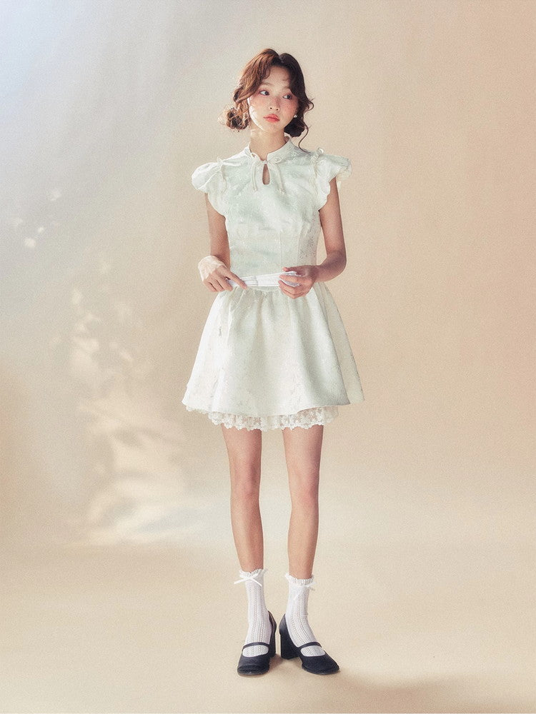 Embroidery Puff-Sleeve Frill Flower Lace Flare Dress