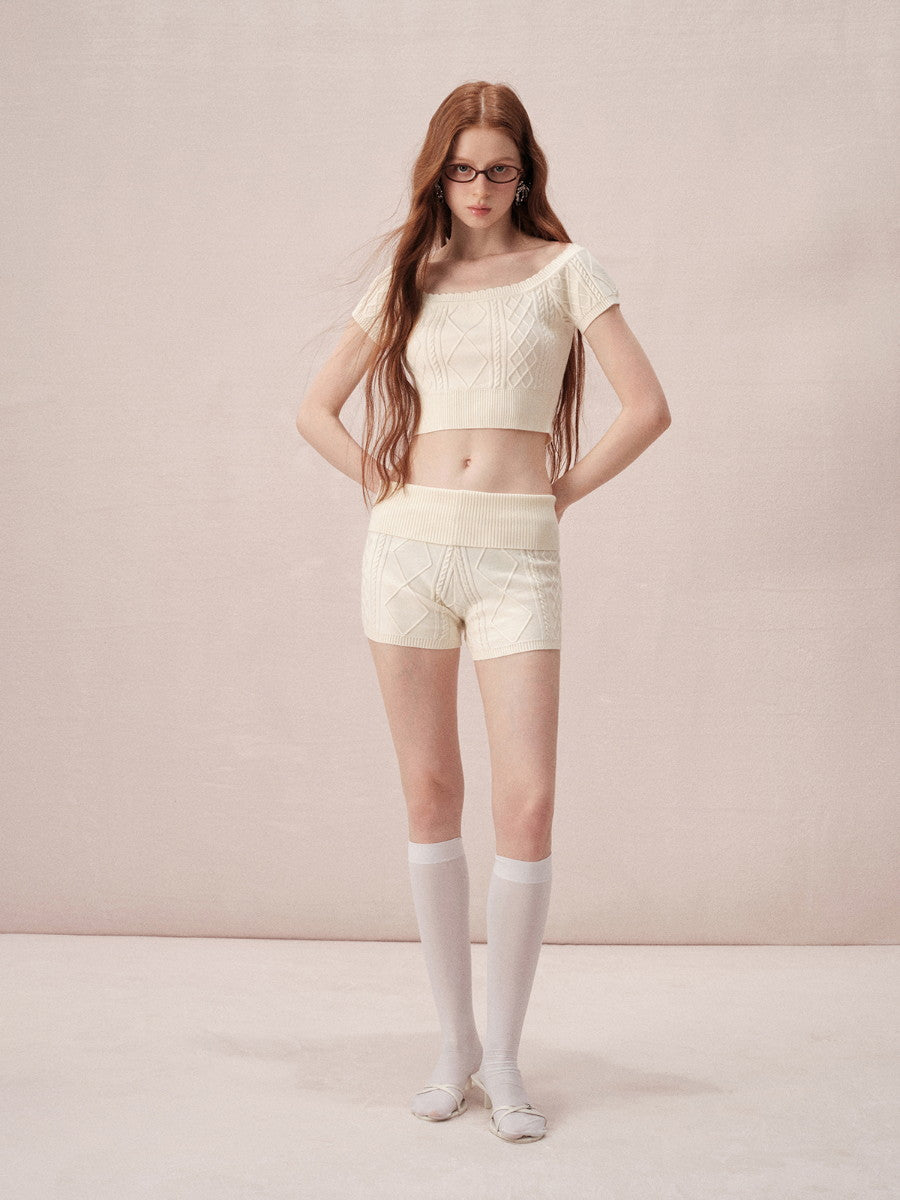 Cable-Knit Off-Shoulder Casual Relax Set-Up Tops&Short-Pants