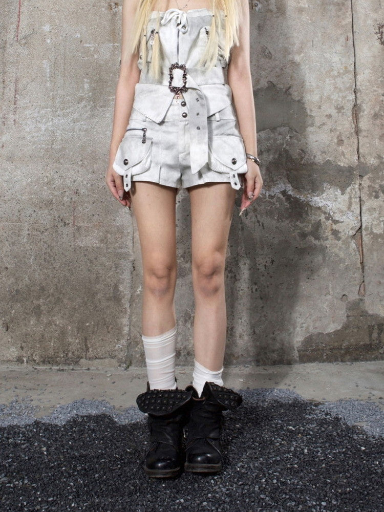 Drawstring Flower Cut-Off Nichi-Zip Mini-Skirt