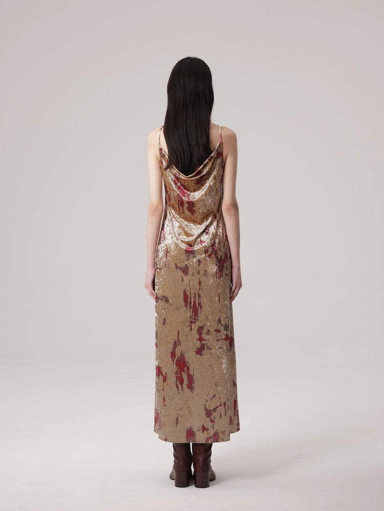 Velvet Long Camisole Flower Vintage One-Piece