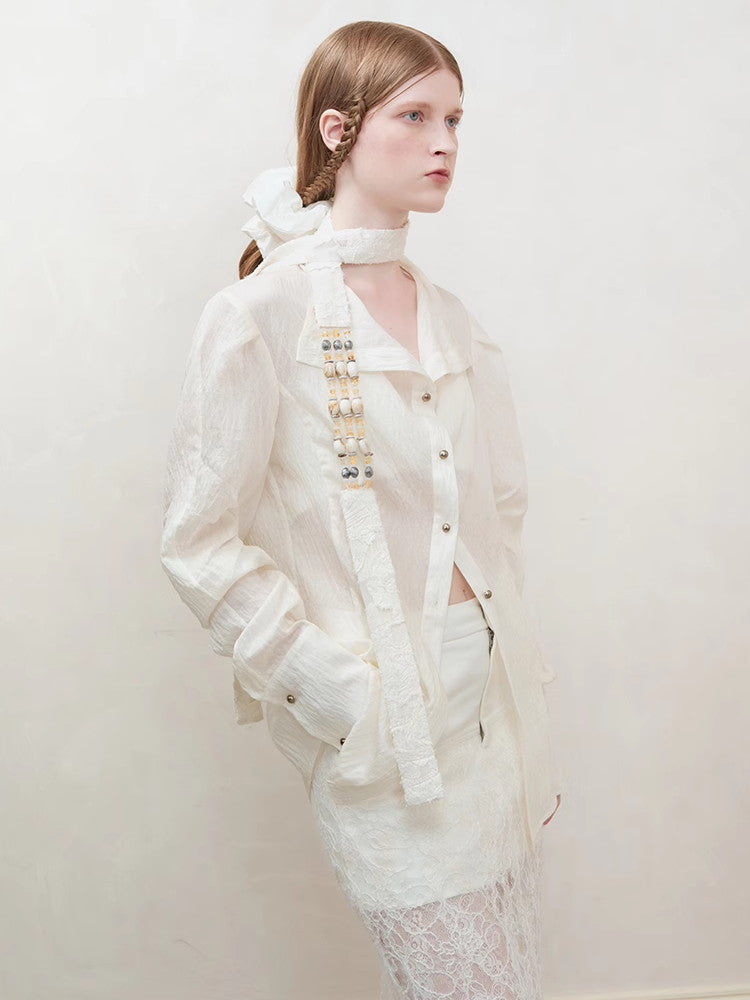 Oversize Wrinkled Sheer Chic Long-Scarf&Shirt