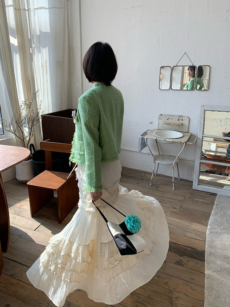 Tweed No-Collar Simple Classy Jacket