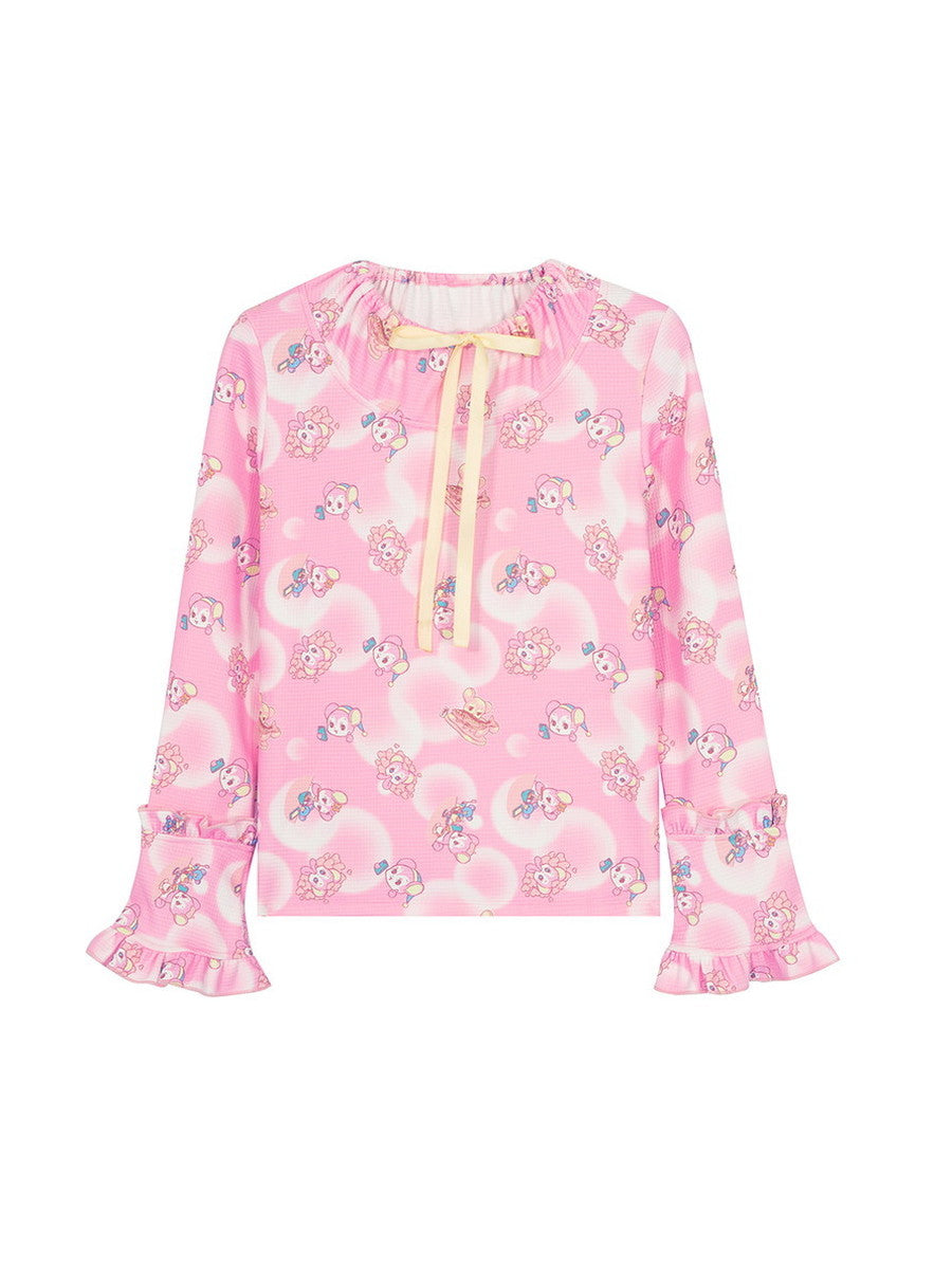 Flare-Sleeve Frill Ribbon Character Knit Fancy Tops