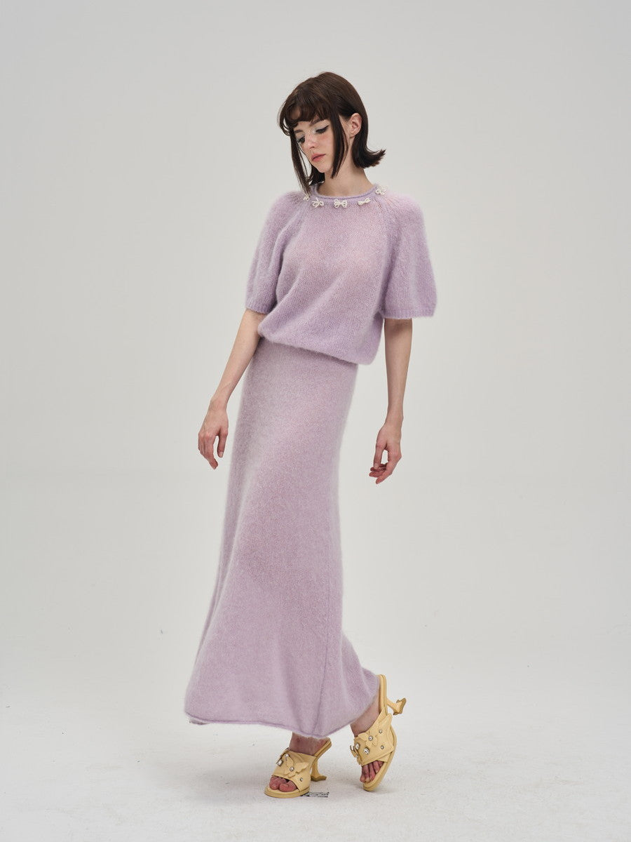 Crew-Neck Ribbon Sweet Feminine Pale Tops&Long-Skirt