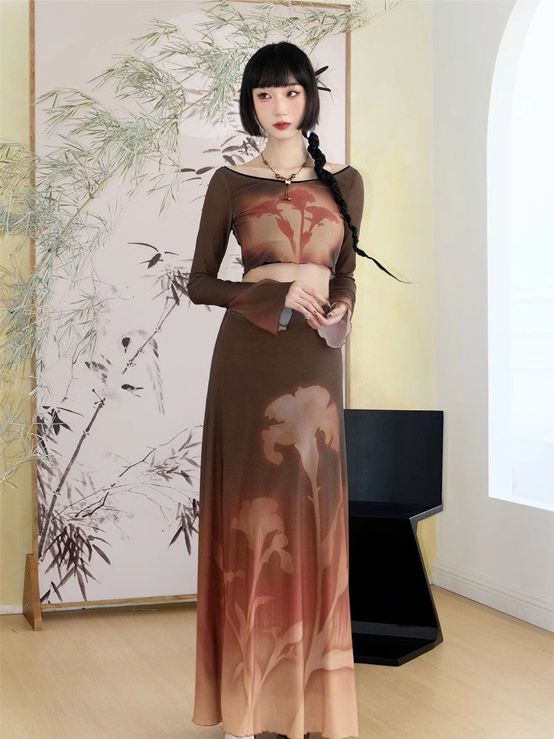Mellow Gradation Short Nichi Flare-Sleeve Flower Cutsew&Long-Skirt